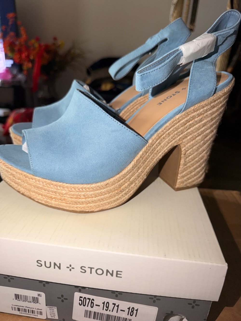 Sun + Stone Sky Blue Suede Platform Wedge Sandals